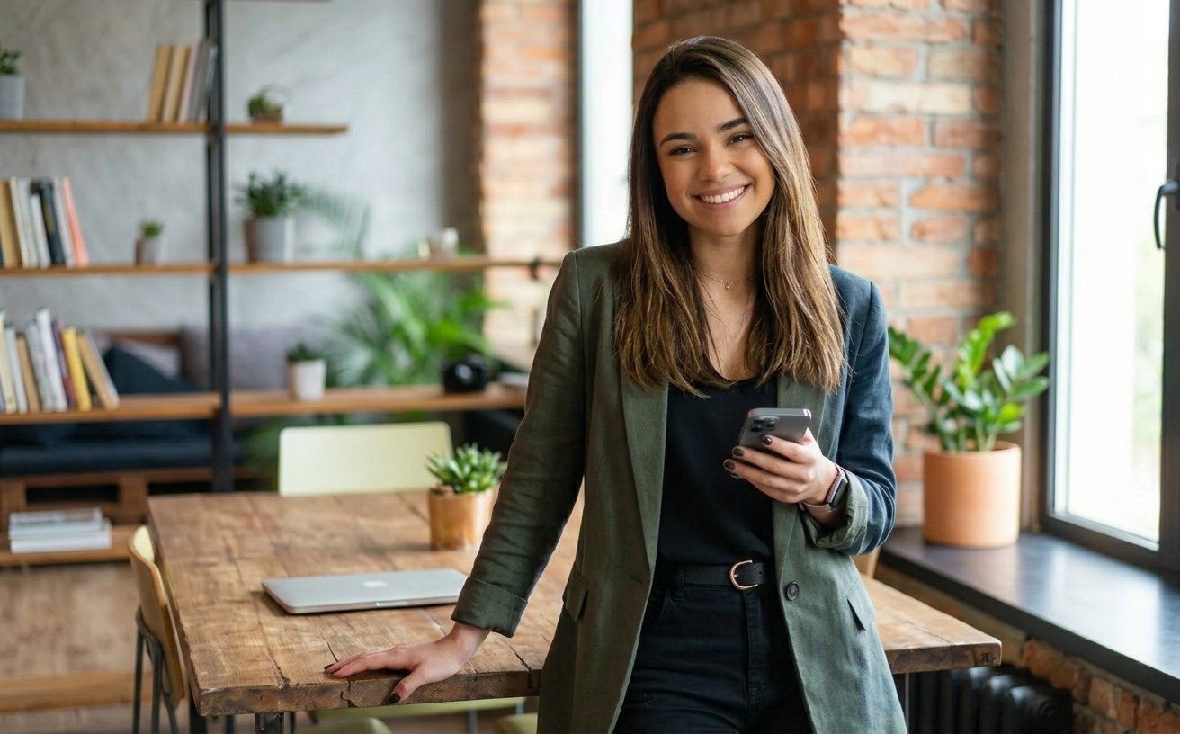 Vitória, especialista em marketing B2B, em pé ao lado de uma mesa de trabalho com o celular na mão